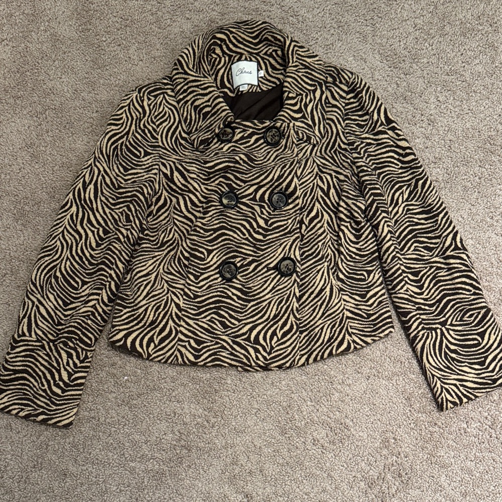 Chaus Black and Tan Zebra Print Pea Coat